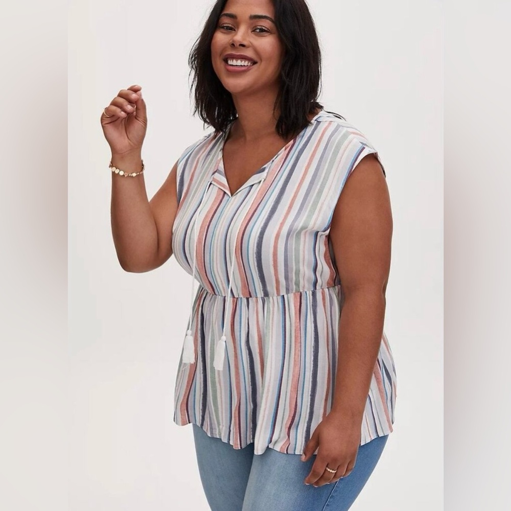 Torrid Striped Peplum Rayon Slub Dolman Top Tassel Strap Colorful Size Large - Picture 1 of 9